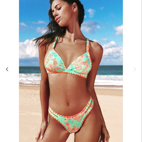 NWT Cupshe Retro Plunging Green & Orange Floral‎ Bikini Set Small - Picture 4 of 6